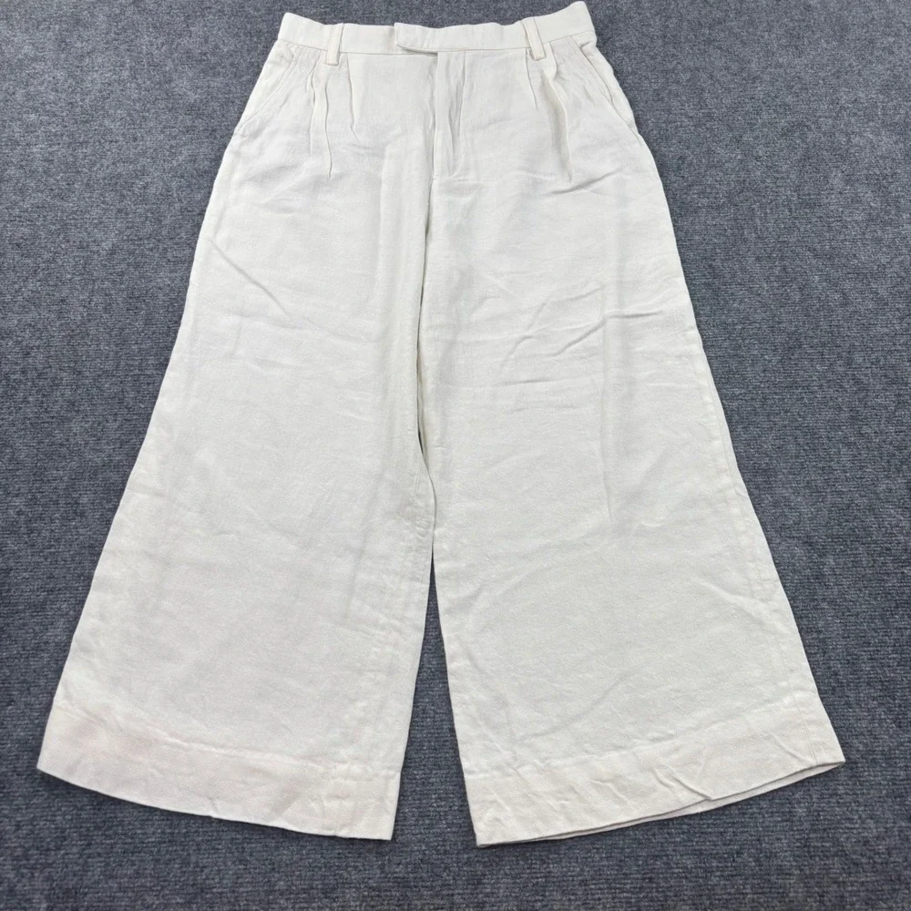 Zara Pleated Wide Leg Pants Size Large Cream Linen Blend High Rise Women's